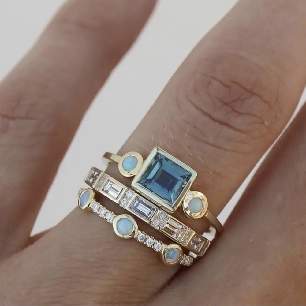 Elegant Blue Gemstone Wedding Band Set Size 9 Simulated Diamond 3Pc Layered Ring